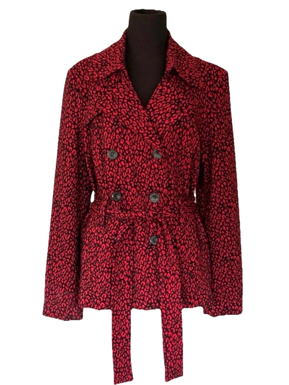 NY Collection Knit Red Black Animal Leopard Print Bold Jacket Coat Textured Soft